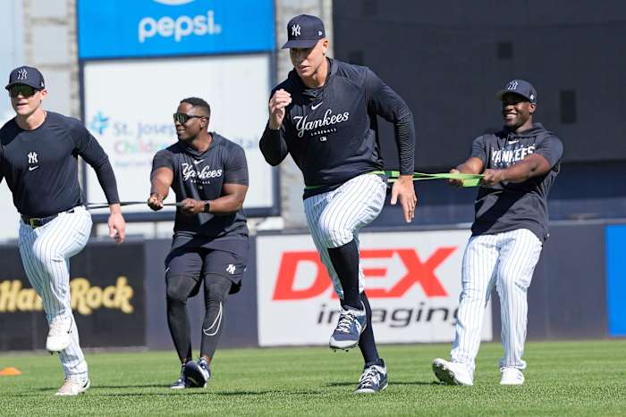 Aaron Judge practices drills during spring training